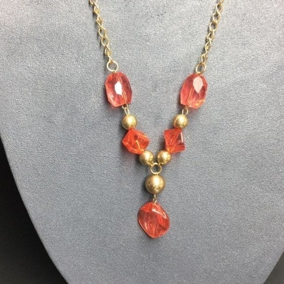 Red Y-Drop Necklace Long Gold Pink Transluscent Chunky - Picture 2 of 7